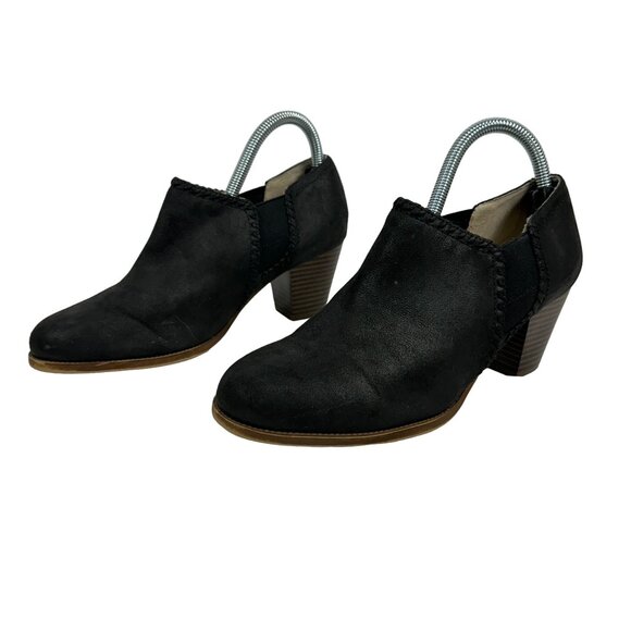 Black Leather Joelle Slip-On Heeled Booties Memory Foam Sole & 2.5" Stacked Heel - Picture 1 of 8